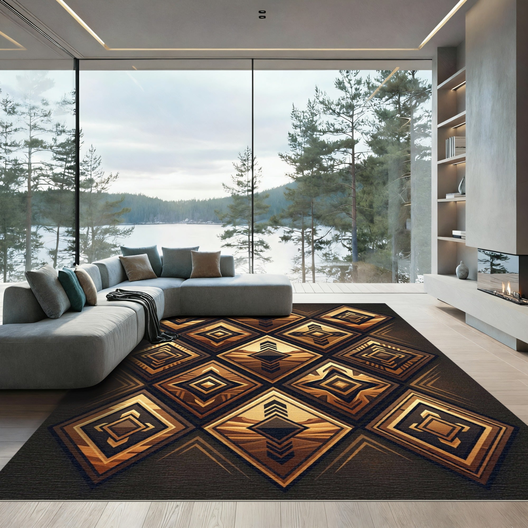 Geometric Golden Desert Diamond Mosaic Rug