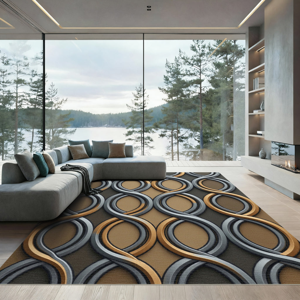 Sleek Gold and Silver Interlocking Loops Rug