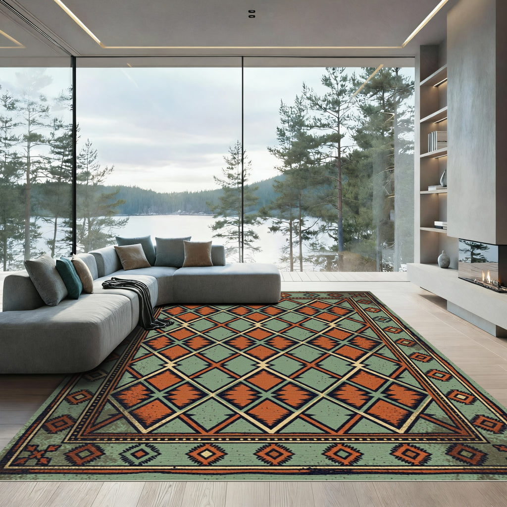 Vintage Teal and Rust Diamond Rug
