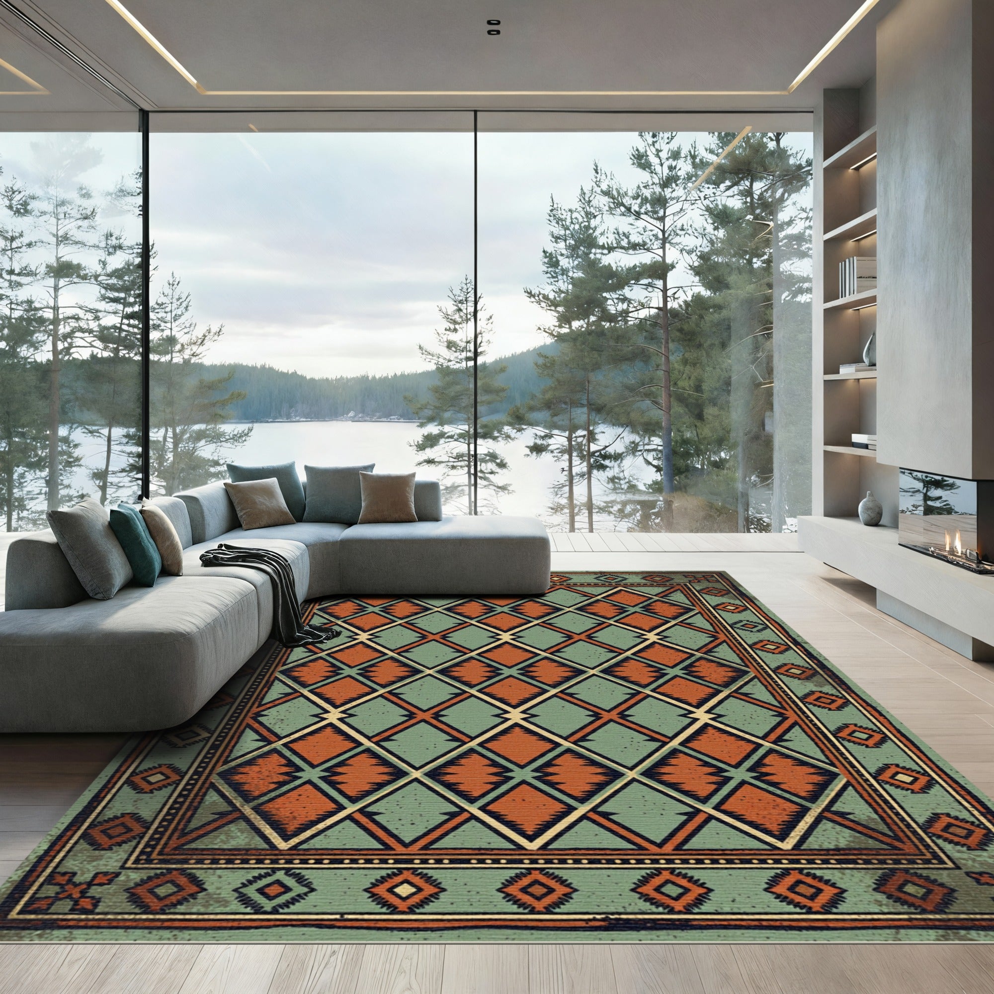 Vintage Teal and Rust Diamond Rug