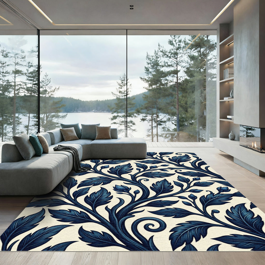 Deep Blue Leafy Vine Swirl Rug