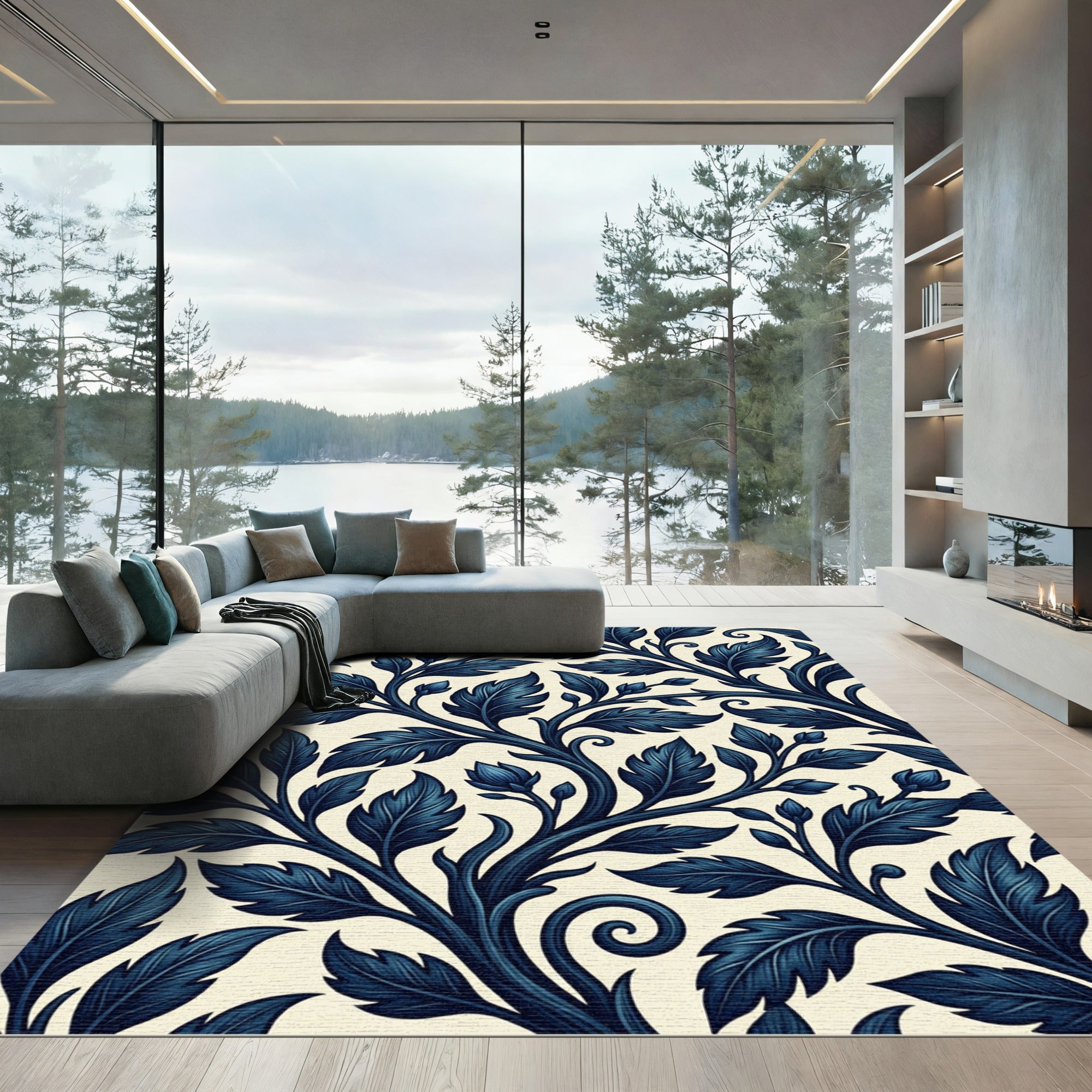 Deep Blue Leafy Vine Swirl Rug
