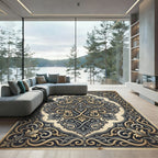 Elegant Slate and Gold Damask Medallion Rug