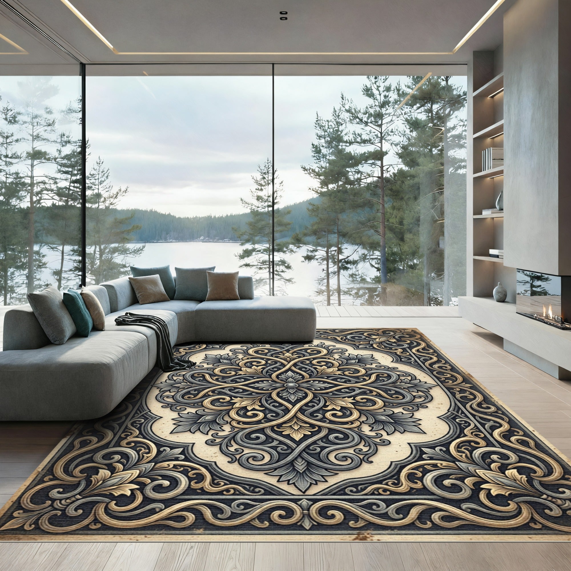 Elegant Slate and Gold Damask Medallion Rug