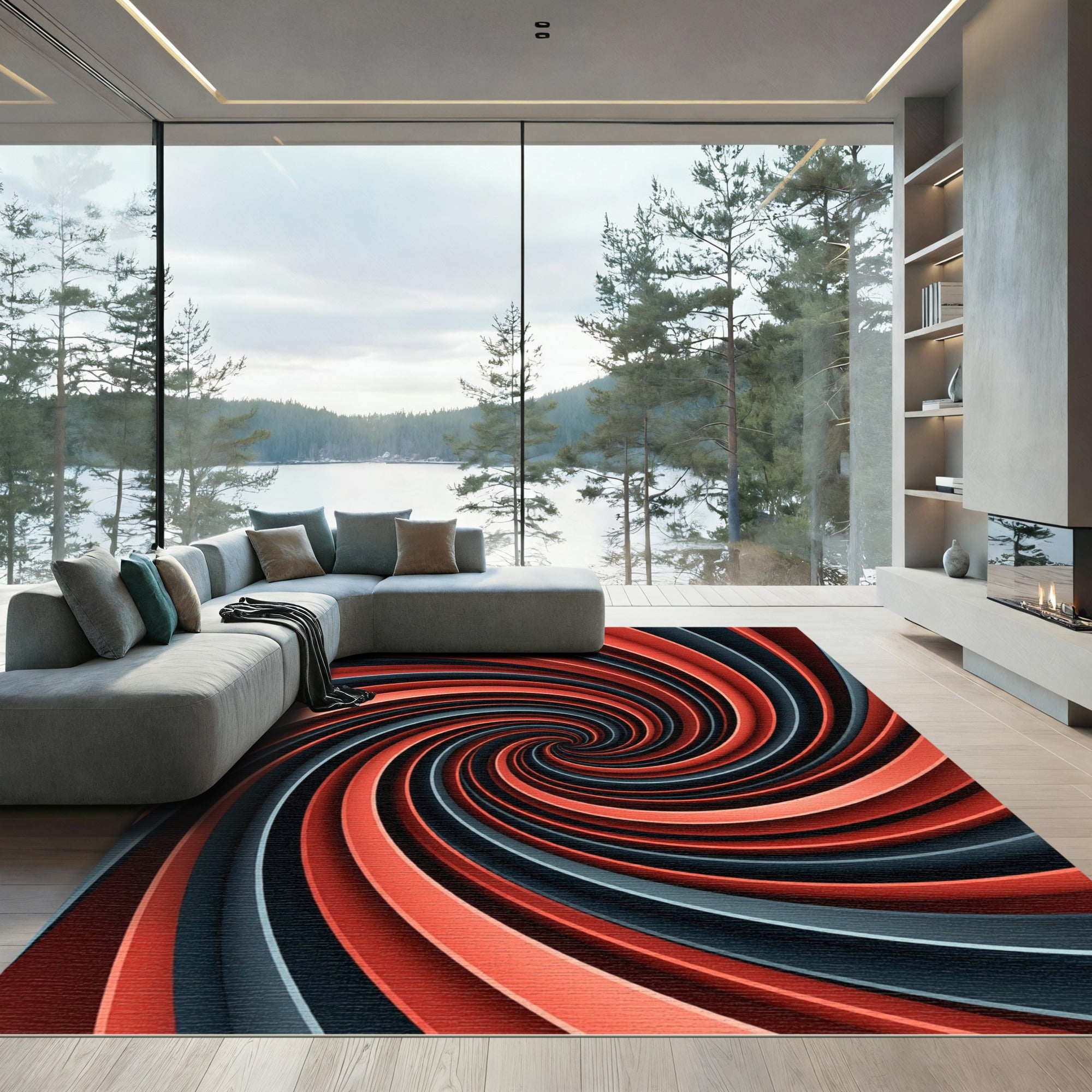 Crimson and Charcoal Abstract Vortex Rug