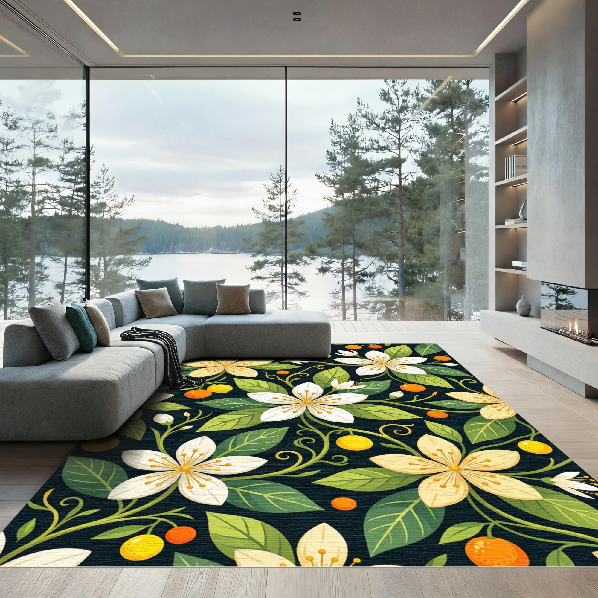 Botanical White and Yellow Citrus Bloom Rug