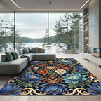 Deep Blue Floral Lotus Garden Rug