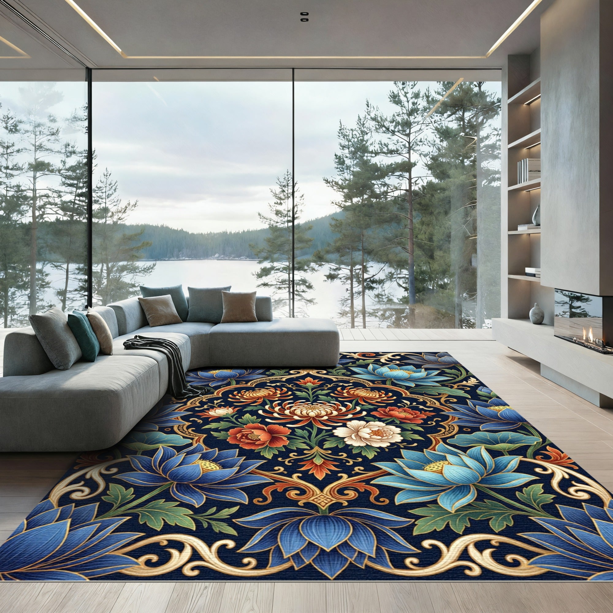 Deep Blue Floral Lotus Garden Rug