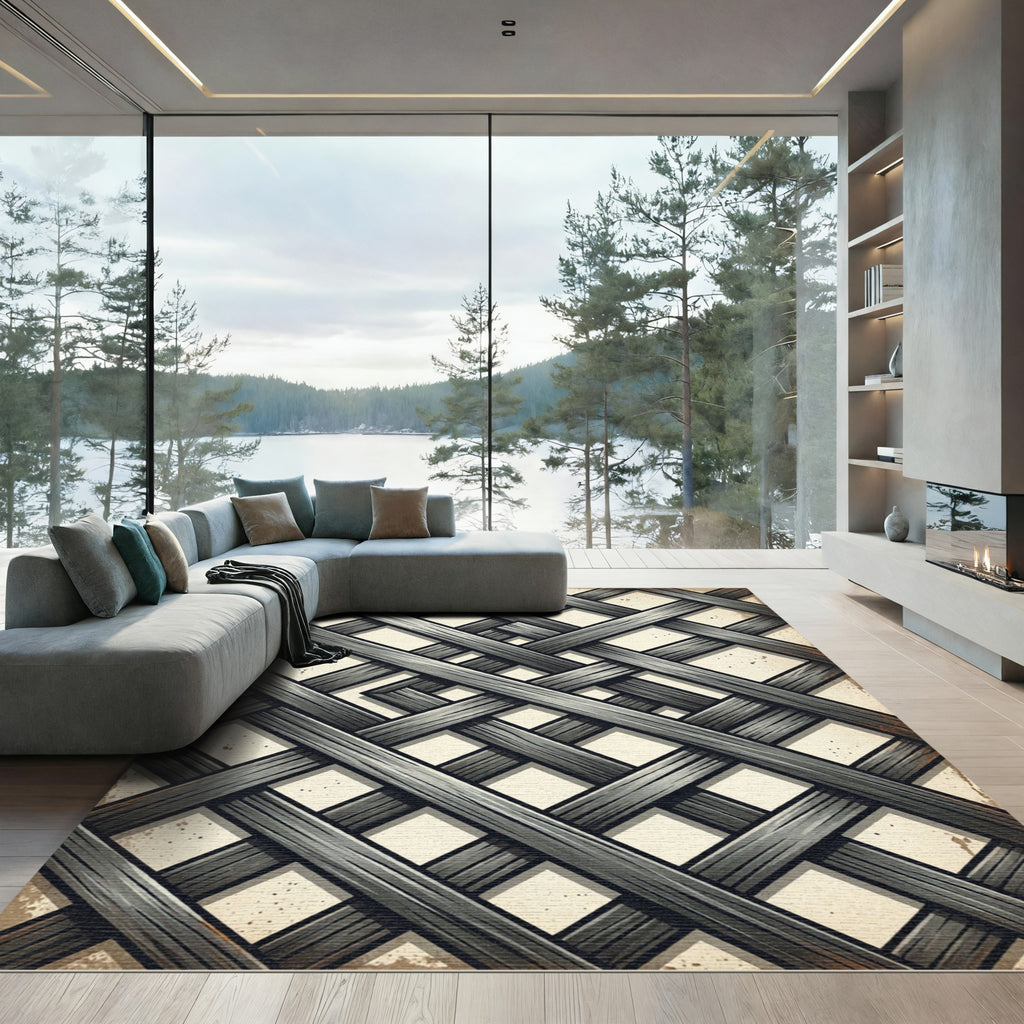 Dark Gray Woven Lattice Diamond Rug