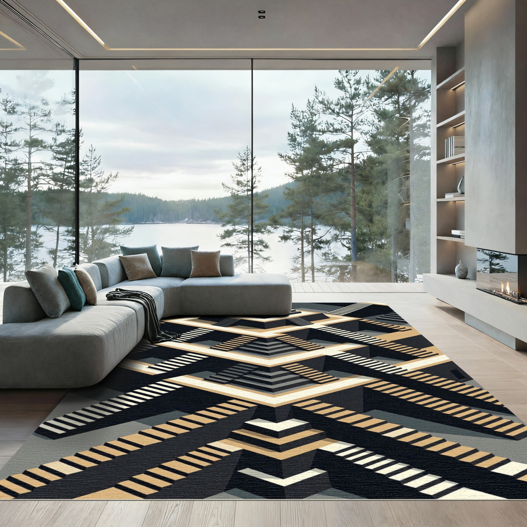 Monochromatic Geometric Isometric Staircase Structure Rug