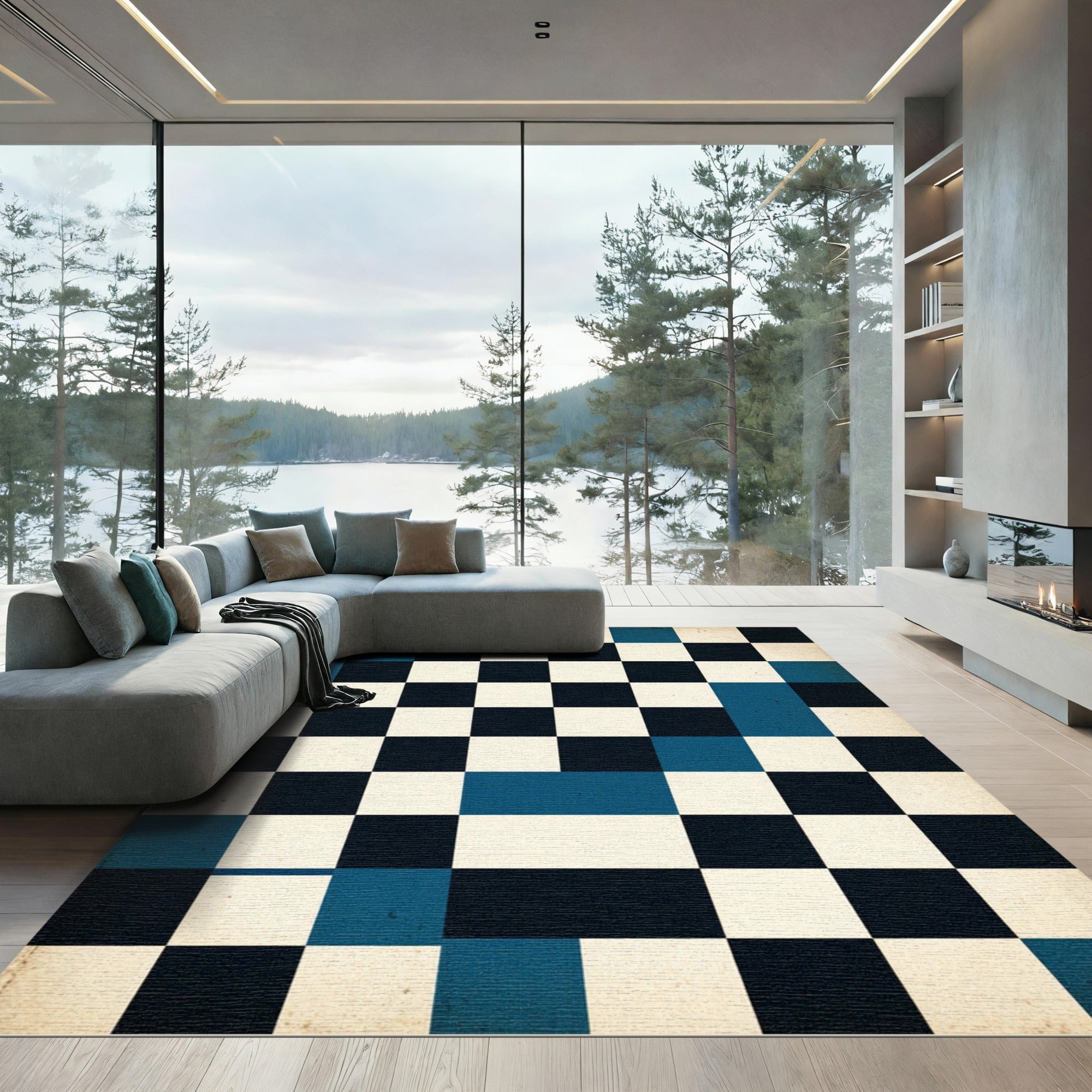 Deep Blue Checkerboard Squares Rug