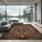 Ornate Terracotta Floral Medallion Scroll Rug