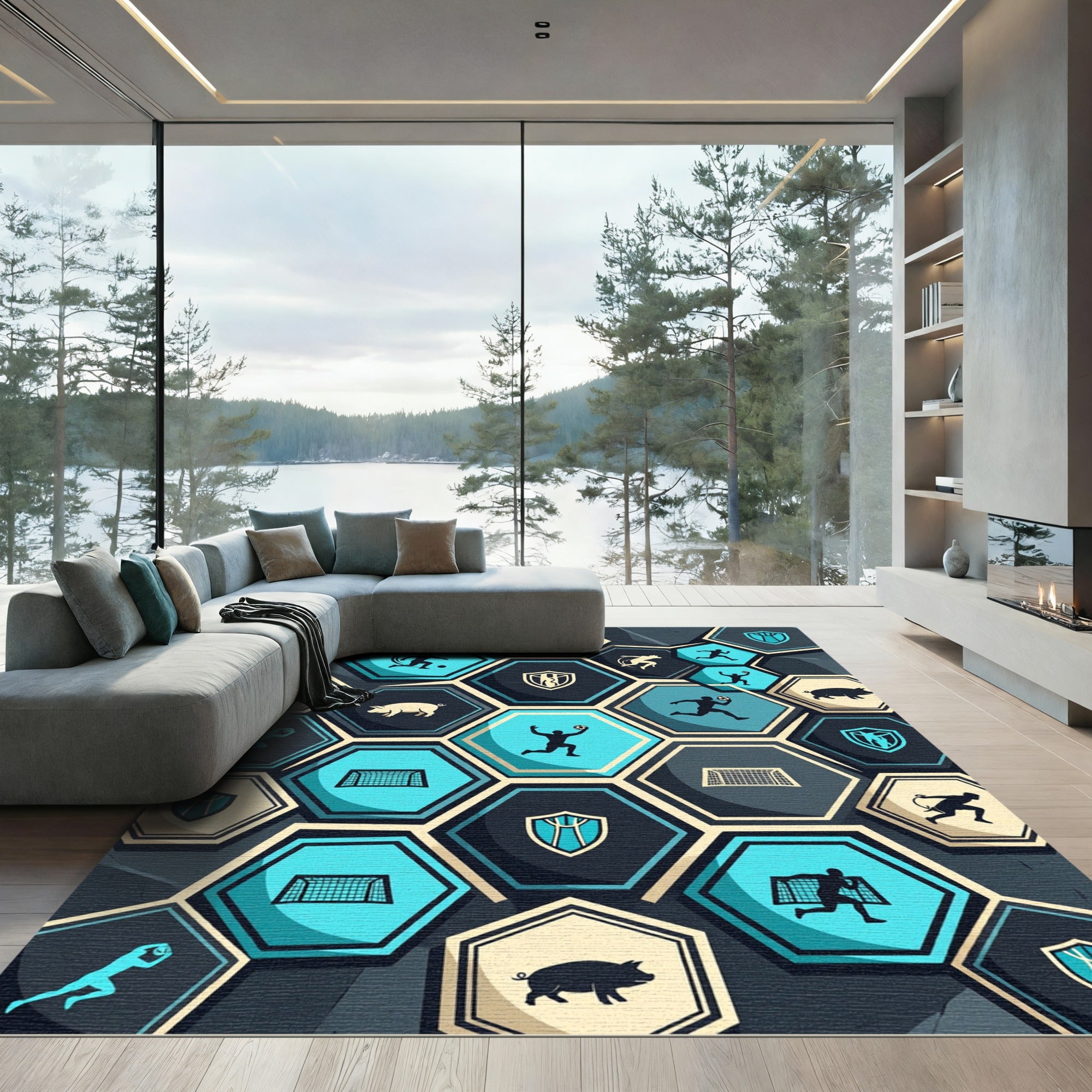 Geometric Hexagon Sports Teal Charcoal Rug