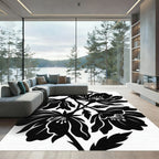 Bold Black Floral Botanical Composition Rug