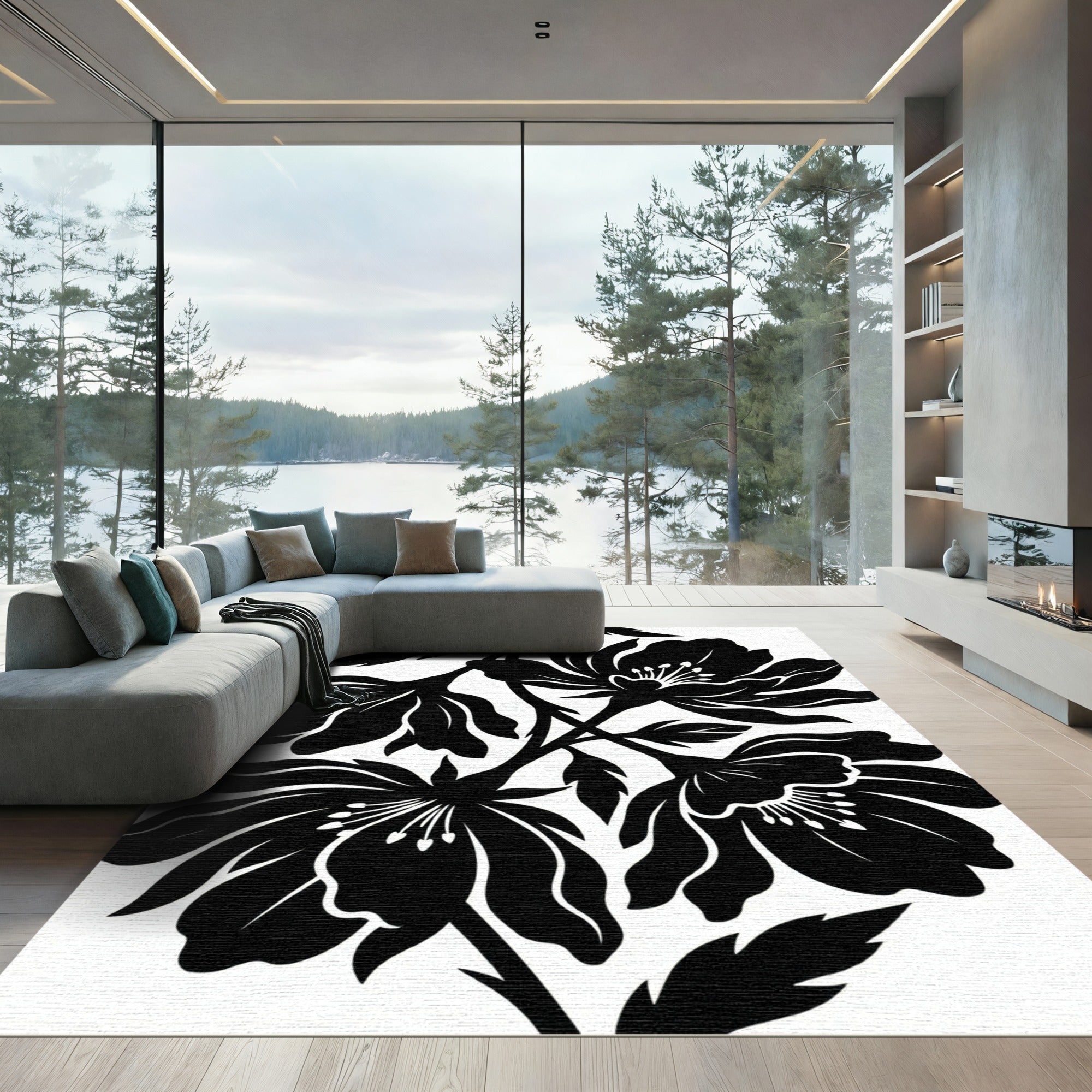 Bold Black Floral Botanical Composition Rug