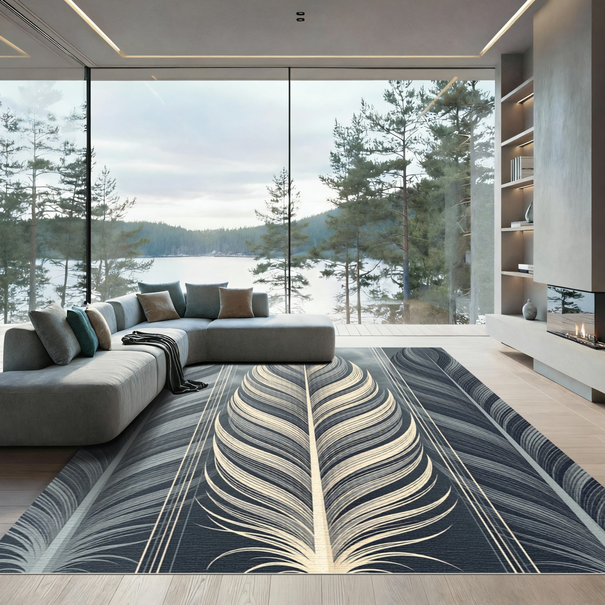 Elegant Gray Plumed Feather Accent Rug