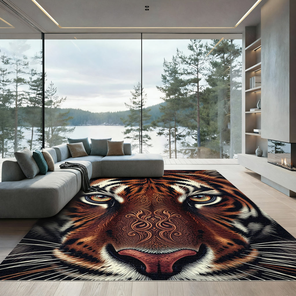 Intricate Tiger Face Brown White Stripes Rug