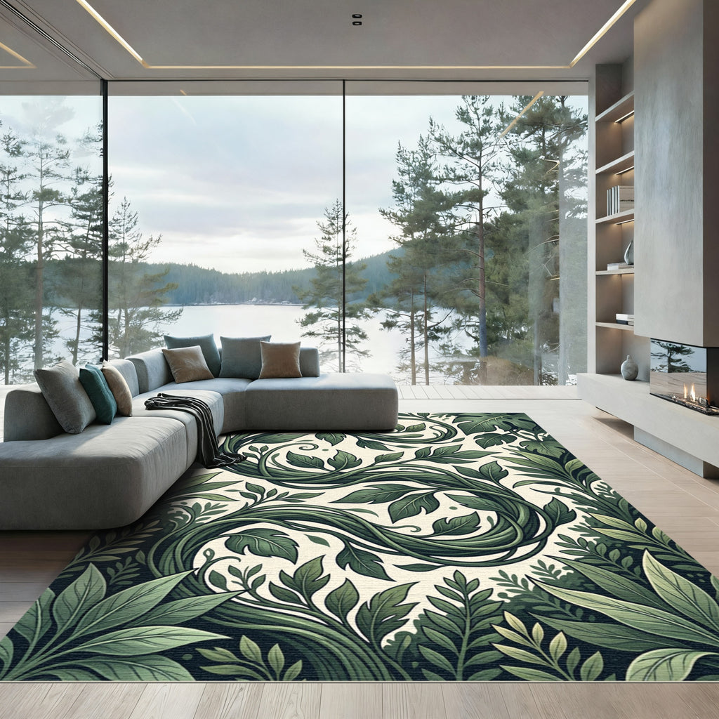 Lush Emerald Botanical Vine Scroll Rug