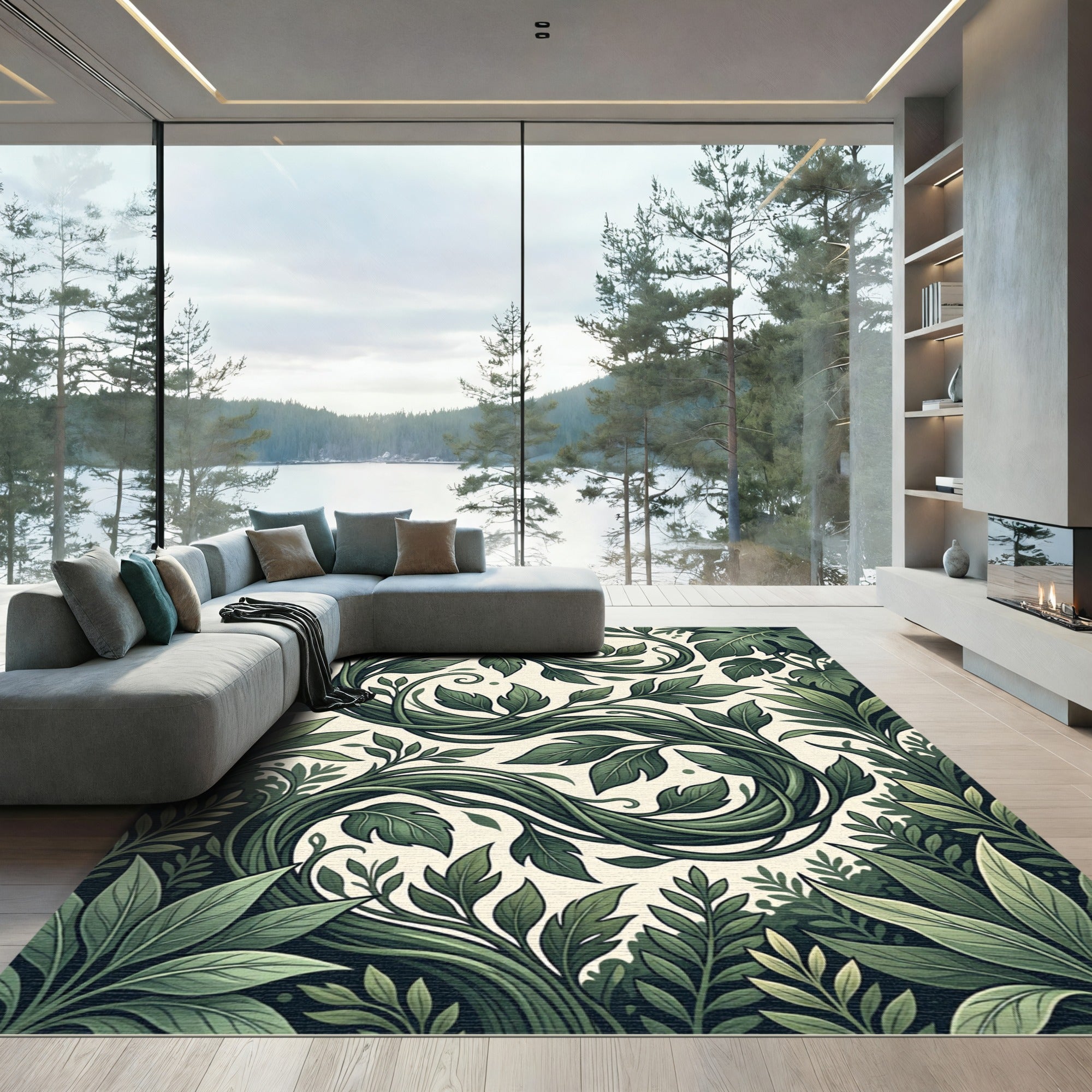 Lush Emerald Botanical Vine Scroll Rug