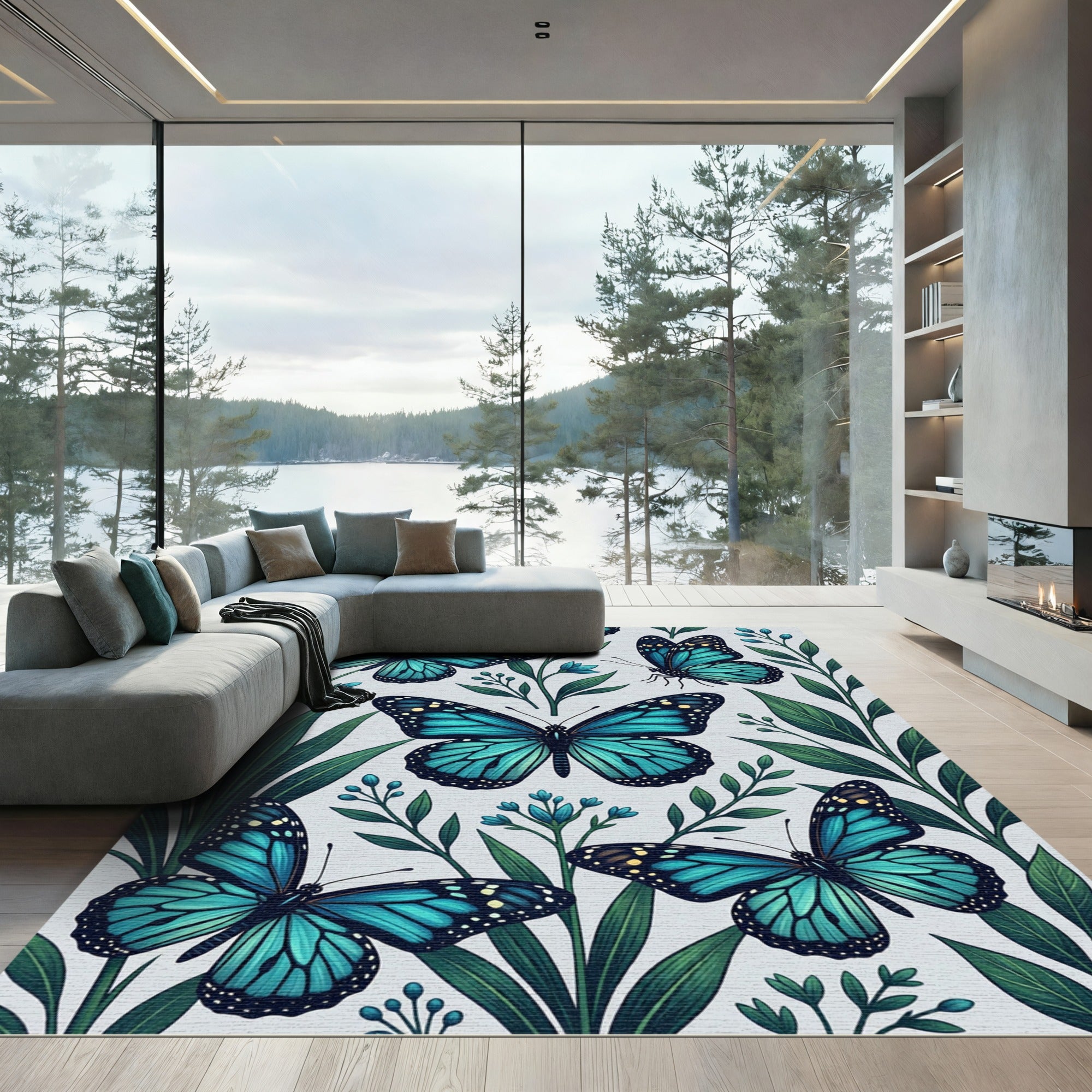 Vibrant Azure Butterfly Botanical Meadow Rug