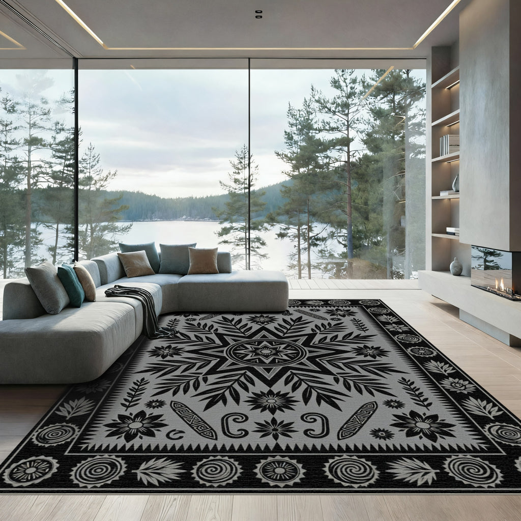 Monochrome Floral Star Medallion Art Rug