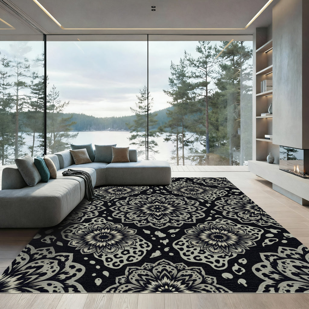 Black Gray Mandala Animal Print Rug