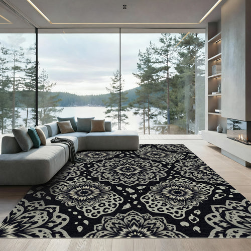 Black Gray Mandala Animal Print Rug
