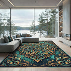 Ornate Teal Gold Scroll Medallion Rug