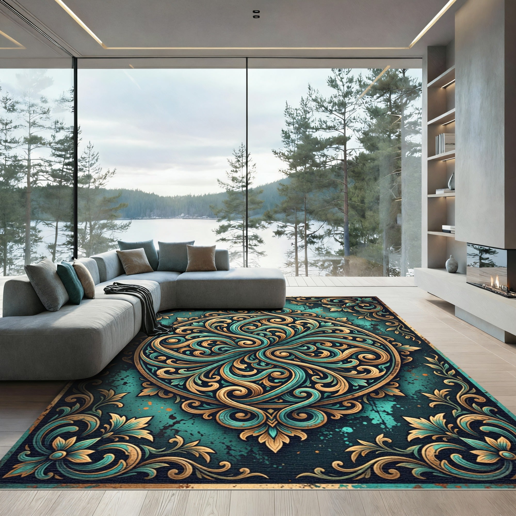 Ornate Teal Gold Scroll Medallion Rug