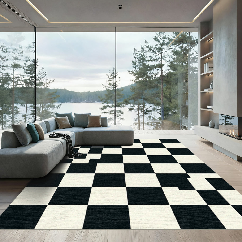 Modern Monochrome Geometric Checkerboard Grid Rug