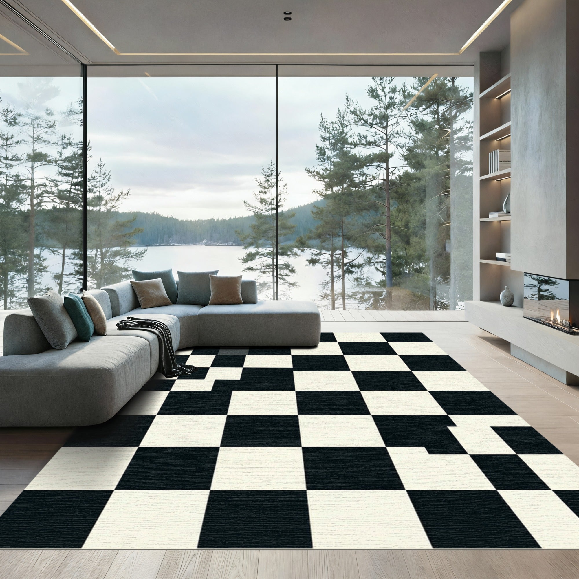 Modern Monochrome Geometric Checkerboard Grid Rug