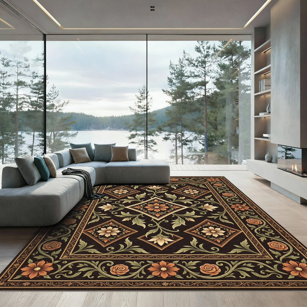 Ornate Copper Floral Diamond Botanical Rug