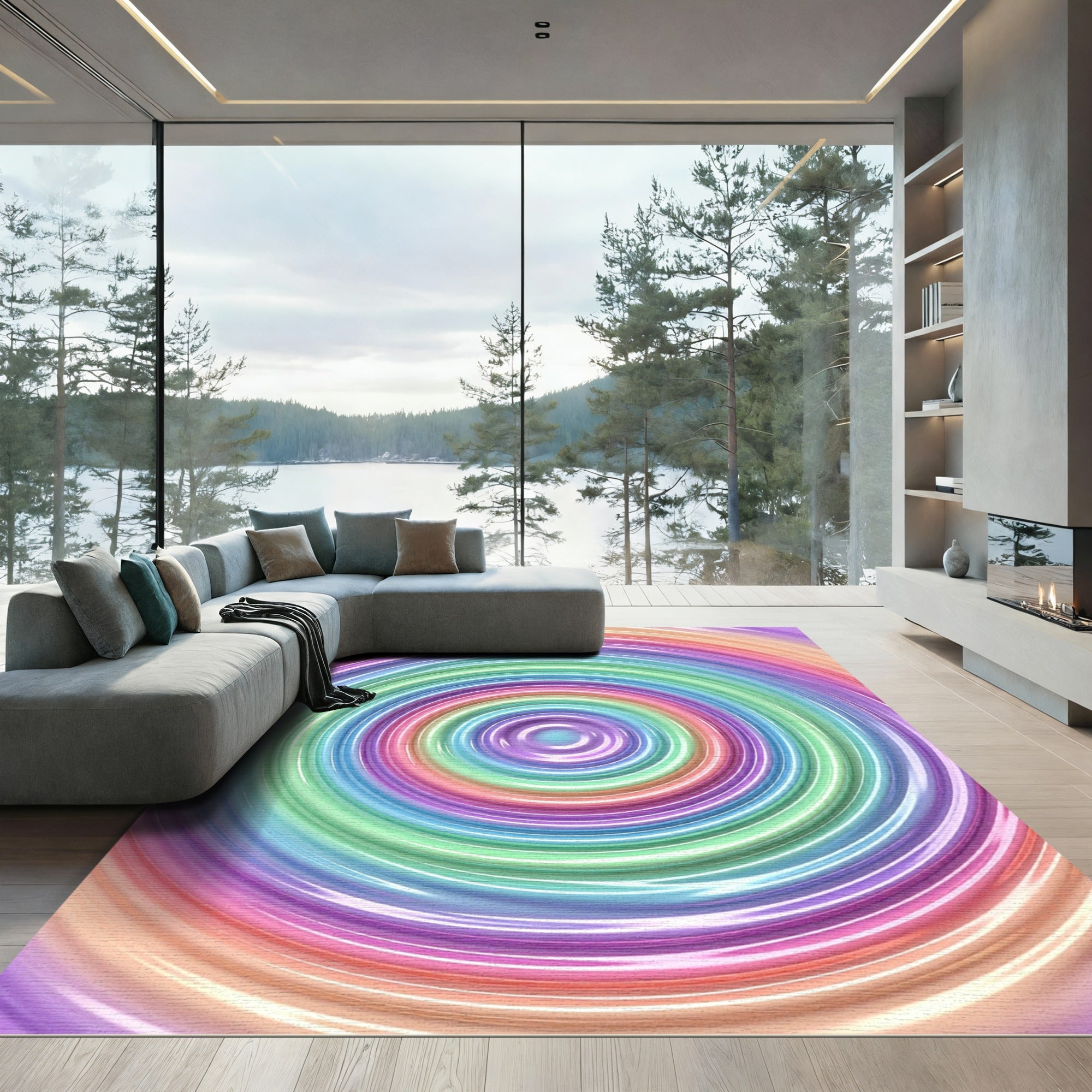 Vibrant Iridescent Rainbow Ripple Circular Rug