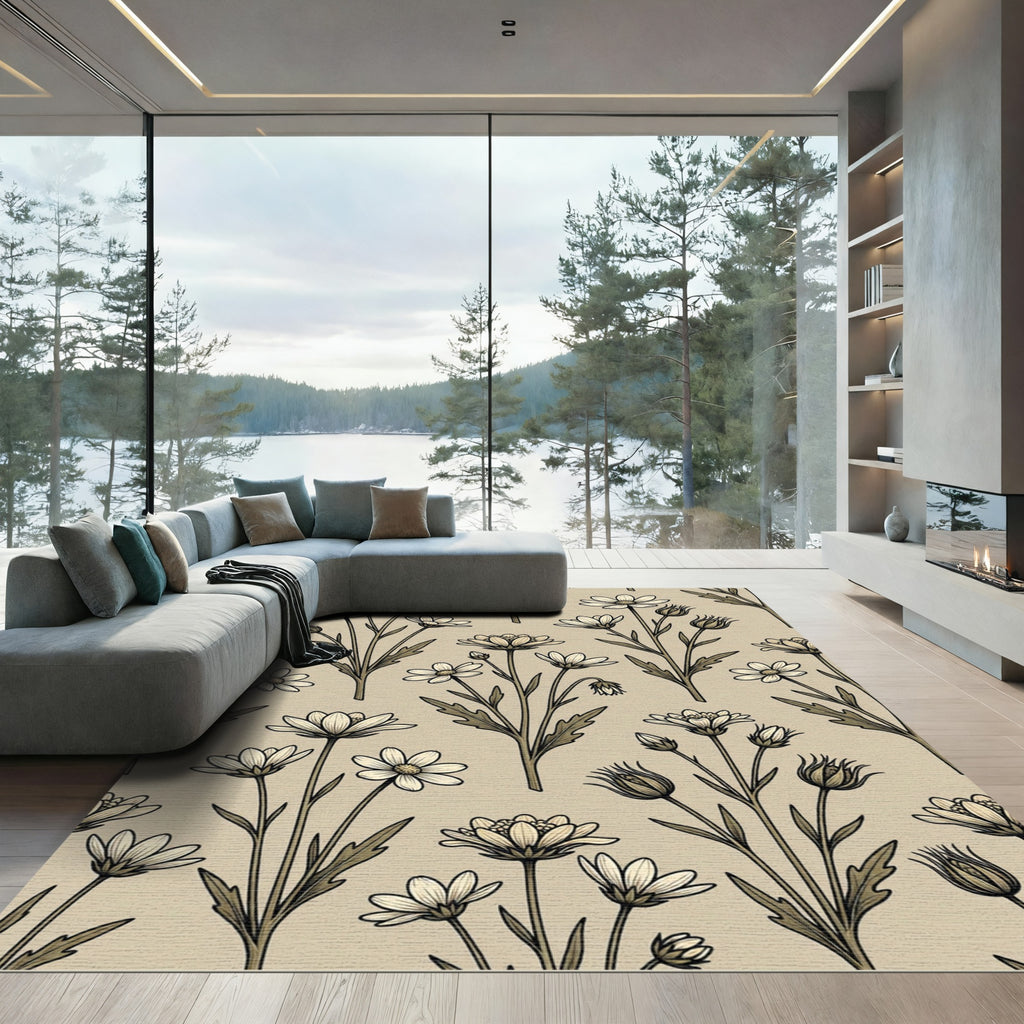 Vintage Floral Meadow Outline Rug