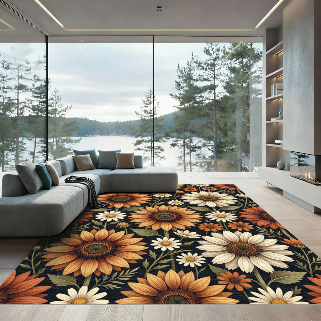 Golden Sunflower and Daisy Floral Field Rug