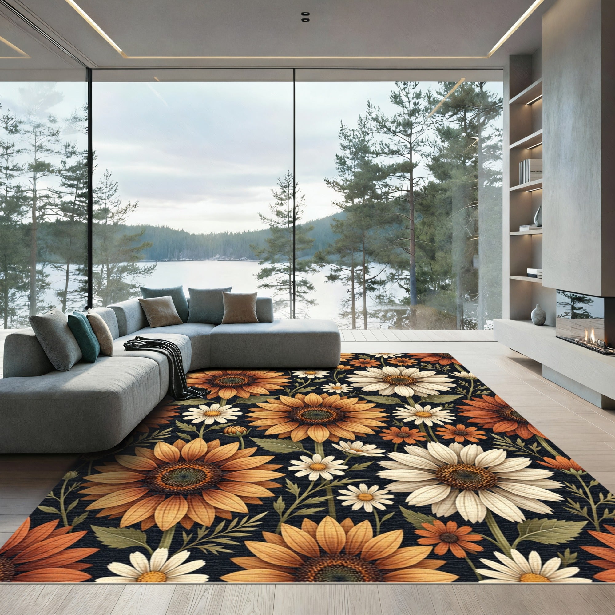 Golden Sunflower and Daisy Floral Field Rug