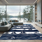 Nautical Navy White Sailing Ship Scene Rug
