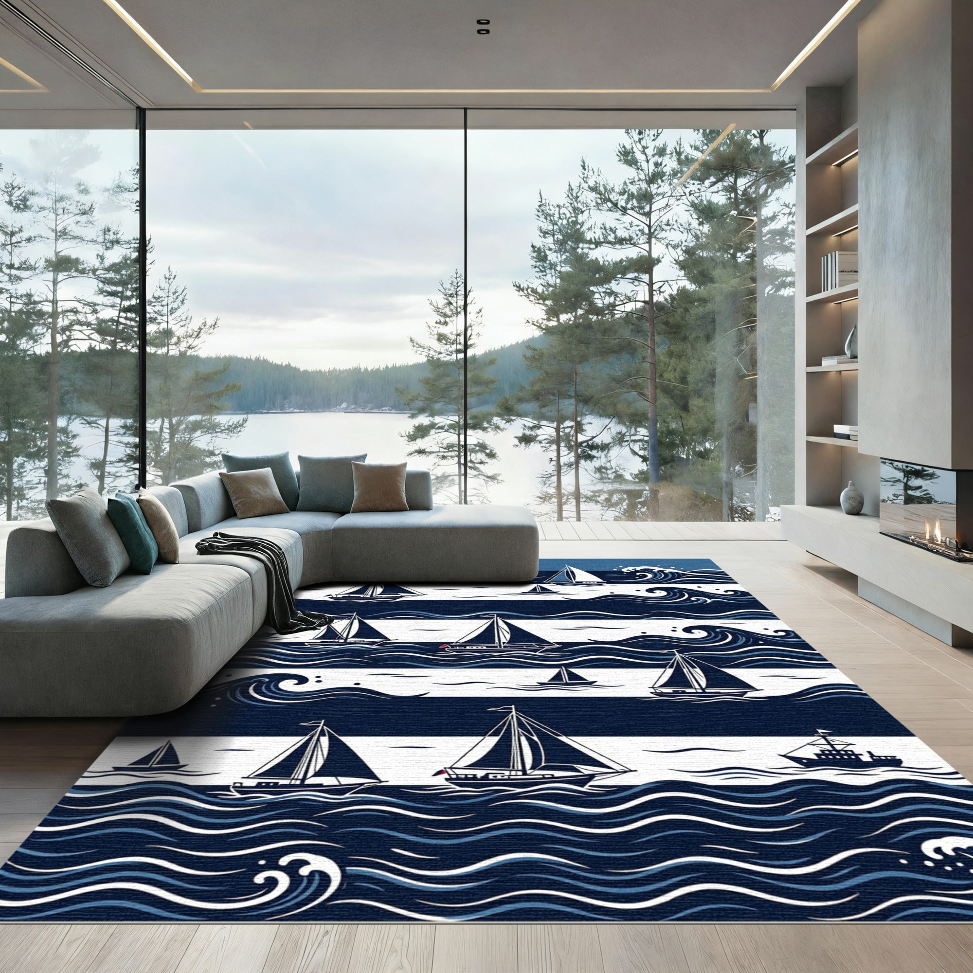 Nautical Navy White Sailing Ship Scene Rug