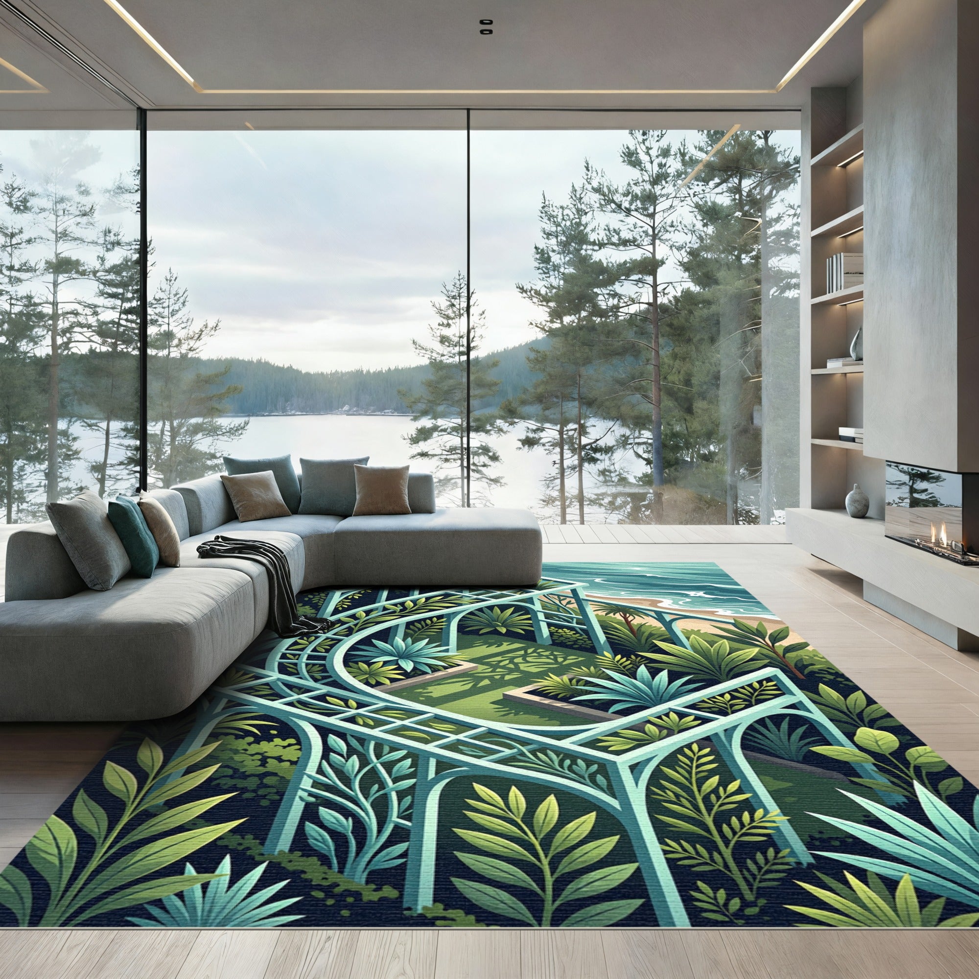 Lush Turquoise Tropical Pergola Garden Rug