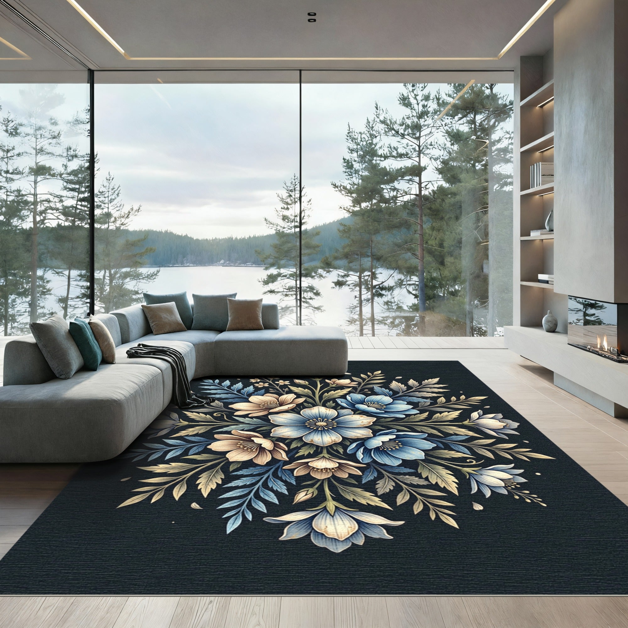 Blue and Cream Botanical Floral Medallion Rug