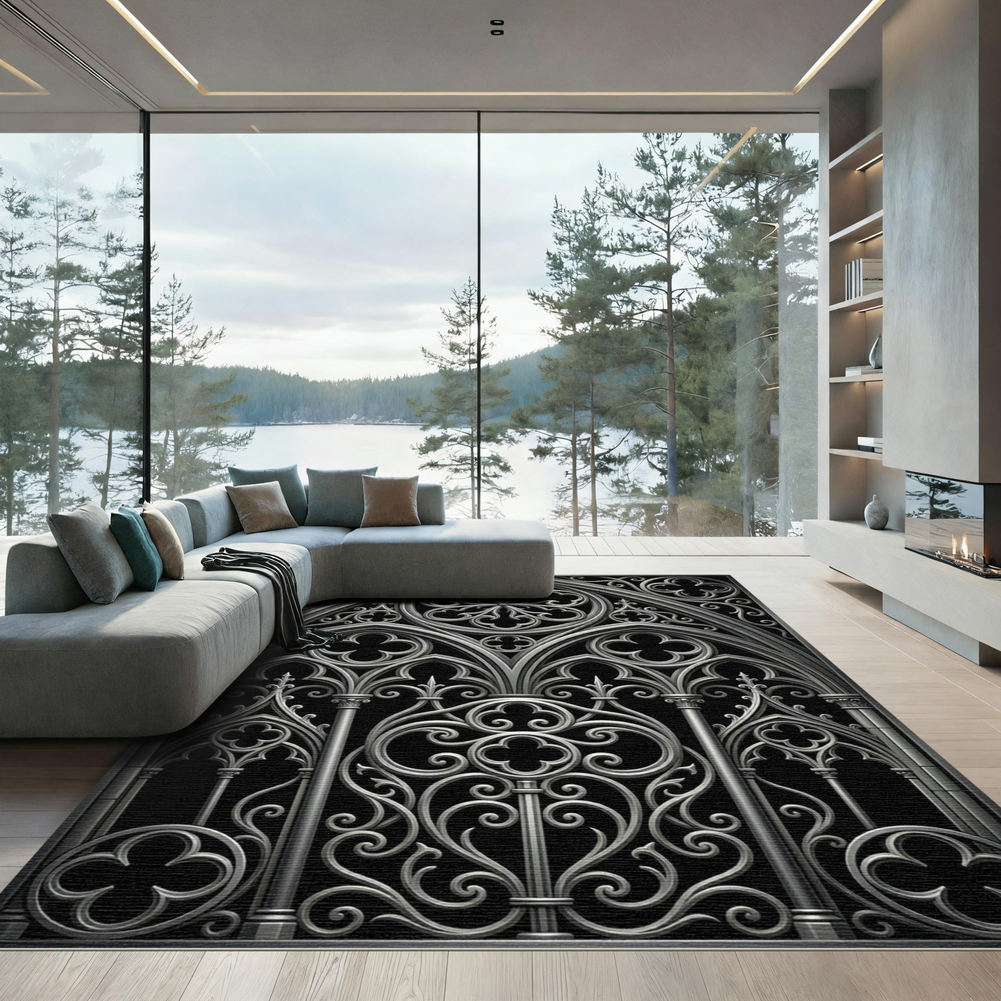 Gothic Silver Ornate Trefoil Arch Rug