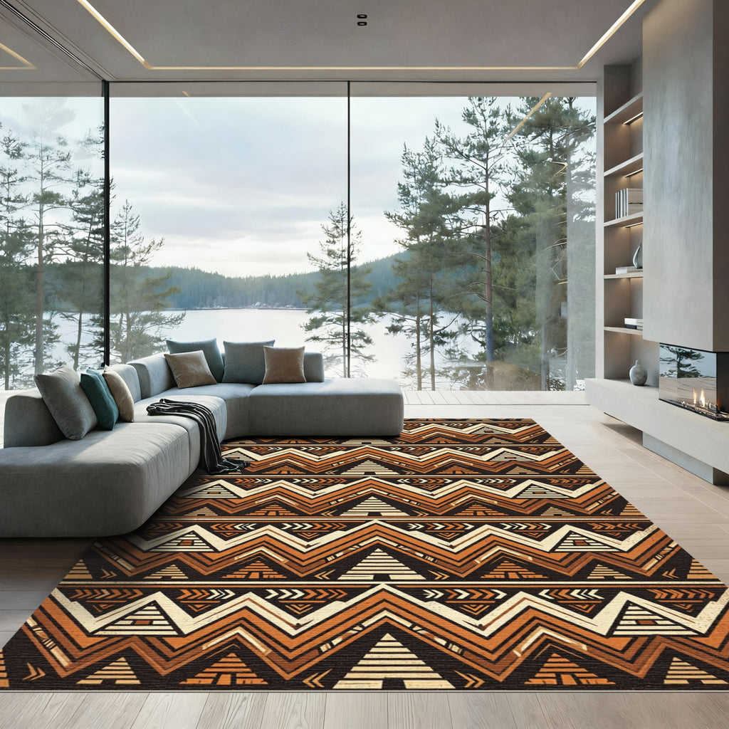 Earthy Ochre Geometric Zigzag Tribal Rug