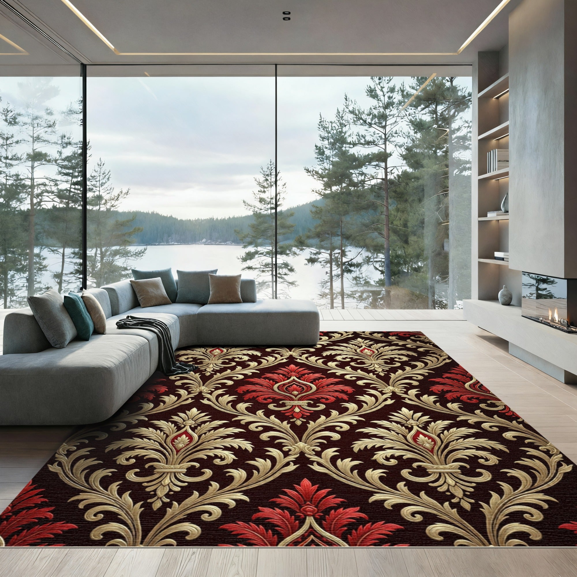 Elegant Gold and Crimson Damask Rug