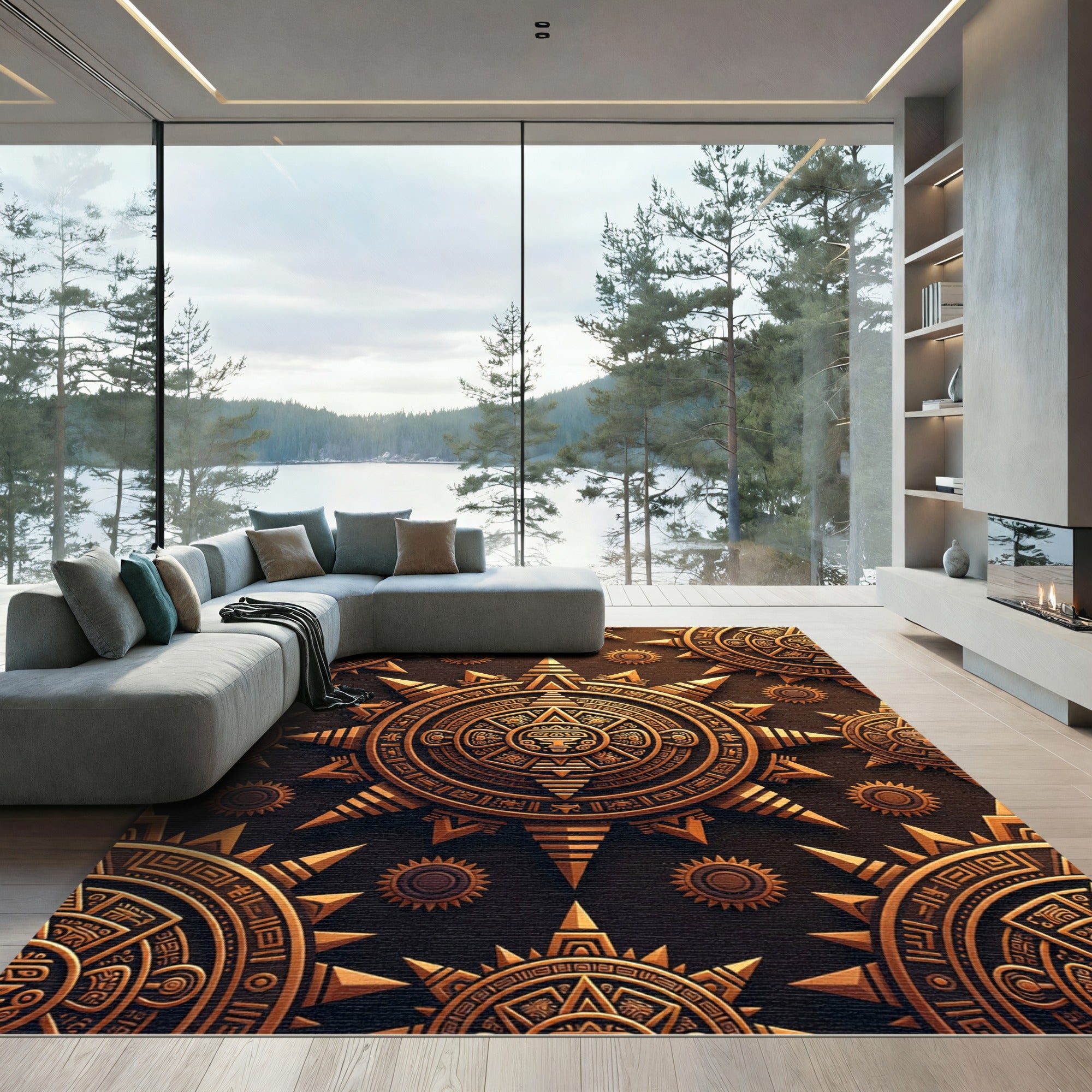 Golden Aztec Sun Medallion Embossed Area Rug