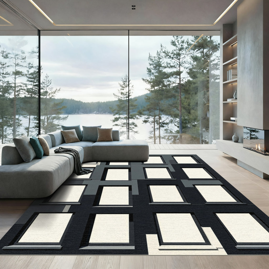 Minimalist Monochromatic Geometric Architectural Window Grid Rug