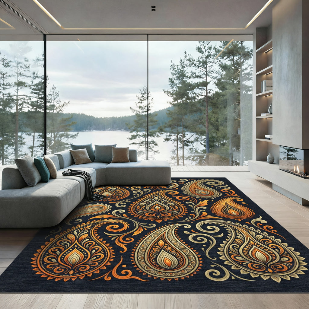 Golden Orange Paisley Elaborate Swirls Rug