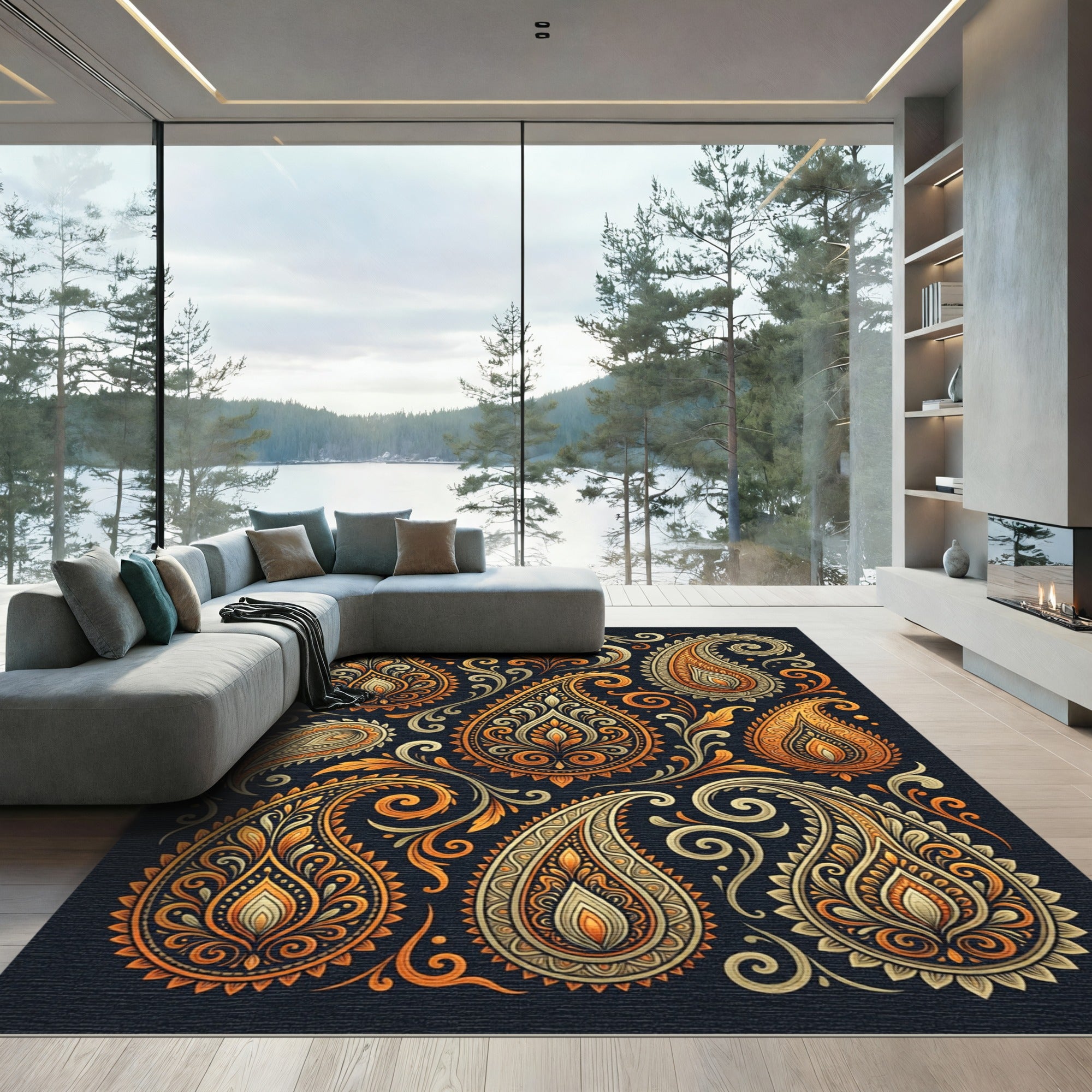 Golden Orange Paisley Elaborate Swirls Rug
