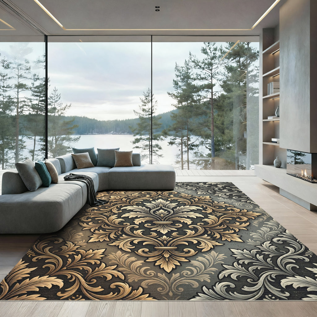 Elegant Gold Damask Foliage Medallion Rug