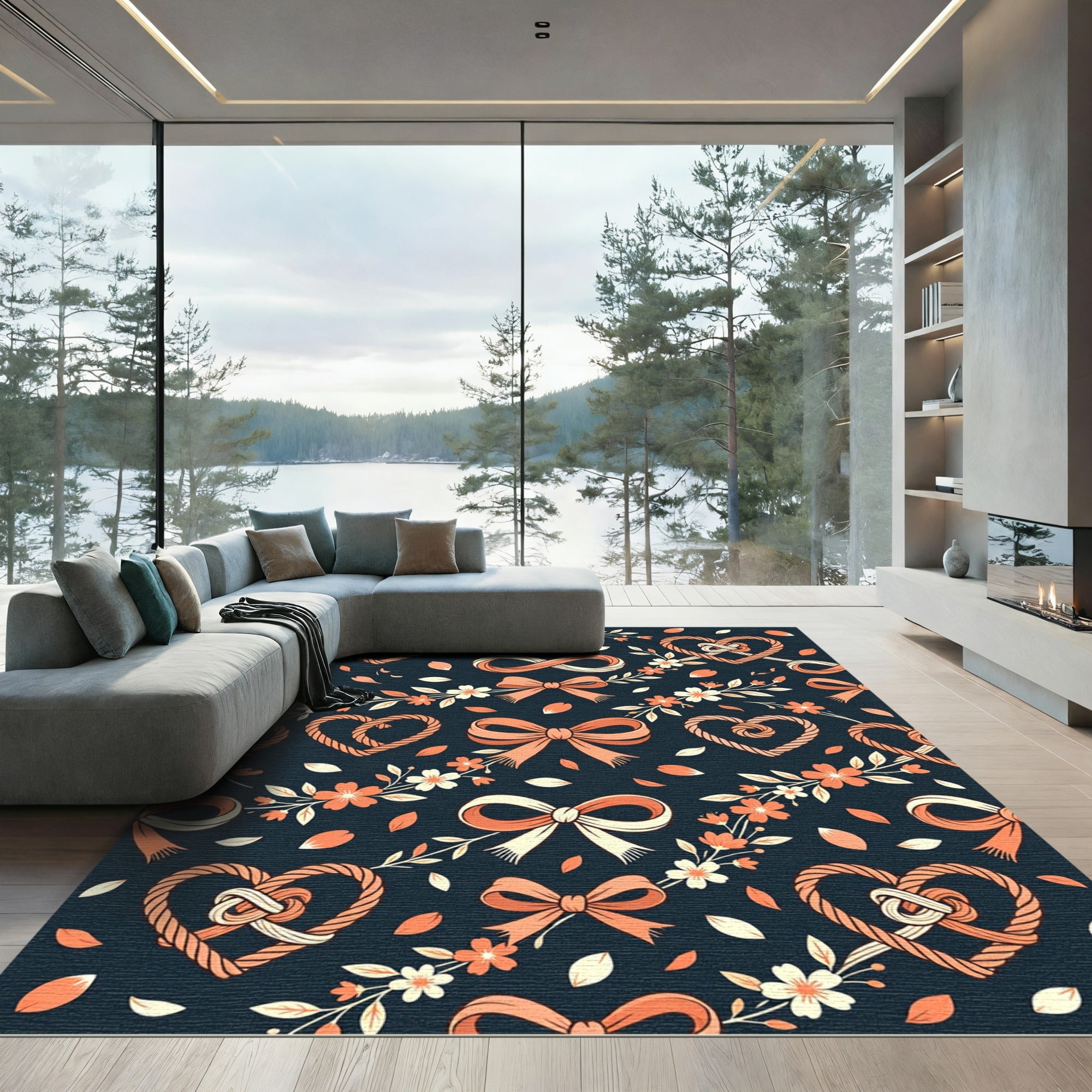 Coral Bows Hearts Floral Swirl Rug
