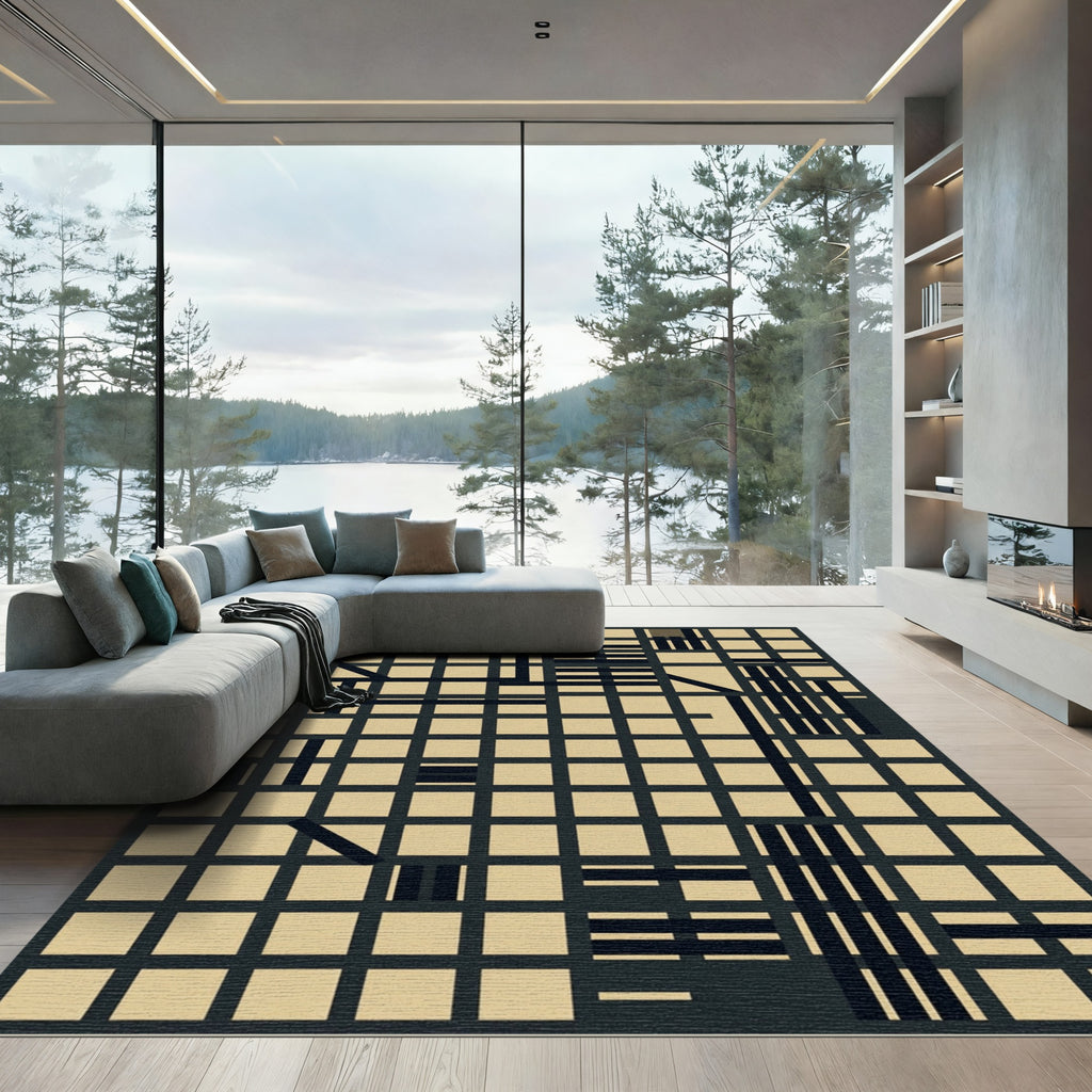 Geometric Grid Black Beige Abstracts Rug